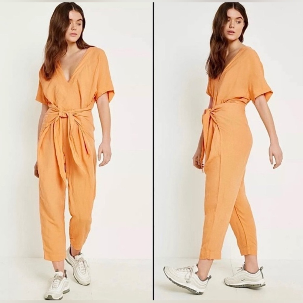 Free People Shining Sun Wrap Linen Jumpsuit Romper Playsuit in Orange, Size S
